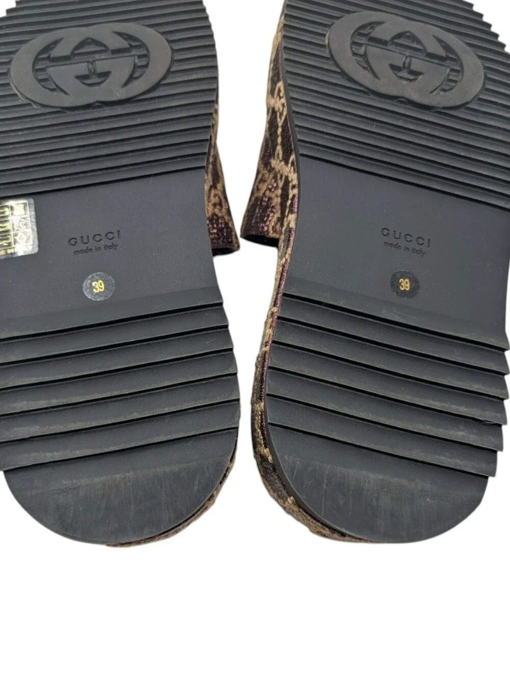 Gucci Brown Monogram Lame Angelina Platform Slide Sandals Size EU 39